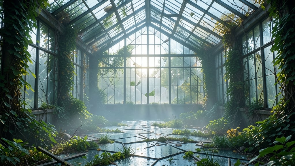 Source: abandoned greenhouse, photorealistic photography