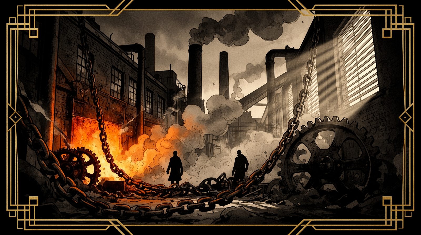 Iron District location background, NOIR_DECO style — generated environment art for The Tarot Detective