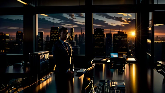floor-to-ceiling office windows at golden hour, empty standing desk silhouetted against the city below, warm and cool light split, editorial architectural photography — rendered by DreamShaper 8 (Lykon)