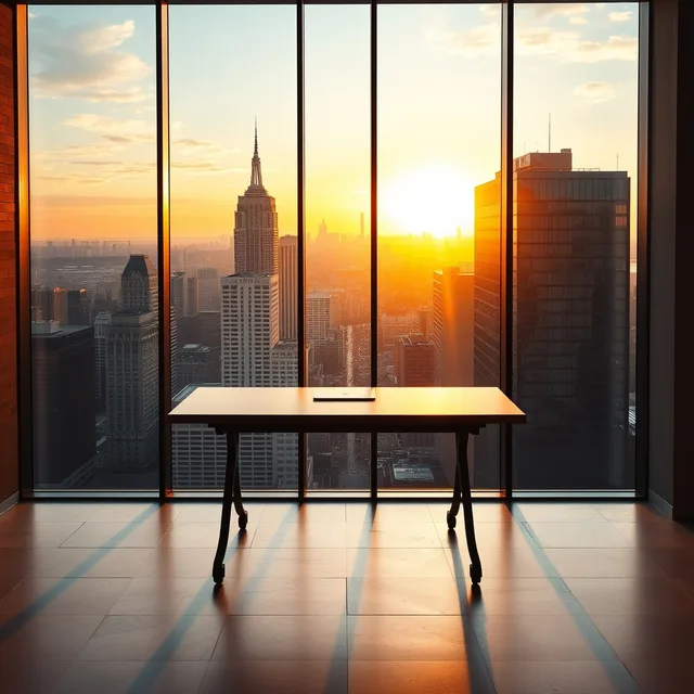 floor-to-ceiling office windows at golden hour, empty standing desk silhouetted against the city below, warm and cool light split, editorial architectural photography — rendered by FLUX 1 Schnell (Black Forest Labs)