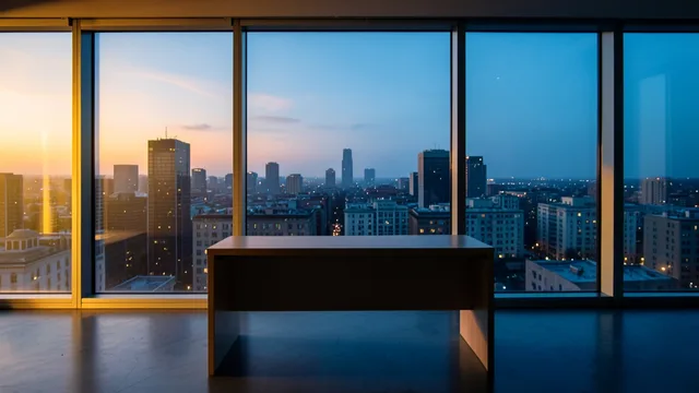 floor-to-ceiling office windows at golden hour, empty standing desk silhouetted against the city below, warm and cool light split, editorial architectural photography — rendered by FLUX 2 Klein 4B (Black Forest Labs)