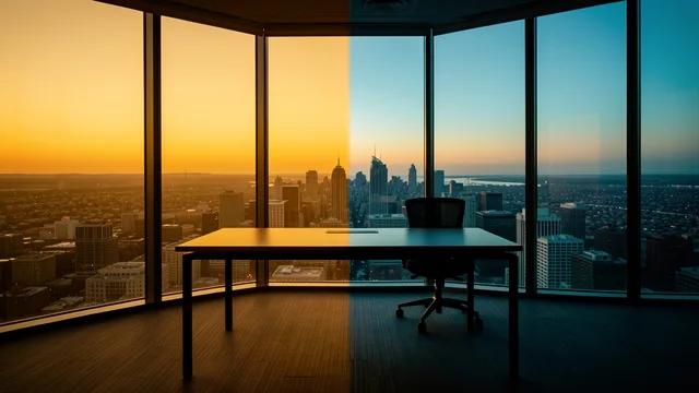 floor-to-ceiling office windows at golden hour, empty standing desk silhouetted against the city below, warm and cool light split, editorial architectural photography — rendered by FLUX 2 Klein 9B (Black Forest Labs)
