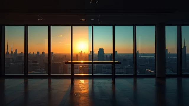 floor-to-ceiling office windows at golden hour, empty standing desk silhouetted against the city below, warm and cool light split, editorial architectural photography — rendered by Lucid Origin (Leonardo)