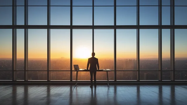 floor-to-ceiling office windows at golden hour, empty standing desk silhouetted against the city below, warm and cool light split, editorial architectural photography — rendered by Phoenix 1.0 (Leonardo)