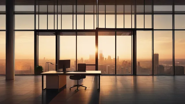 floor-to-ceiling office windows at golden hour, empty standing desk silhouetted against the city below, warm and cool light split, editorial architectural photography — rendered by SDXL Base 1.0 (Stability AI)