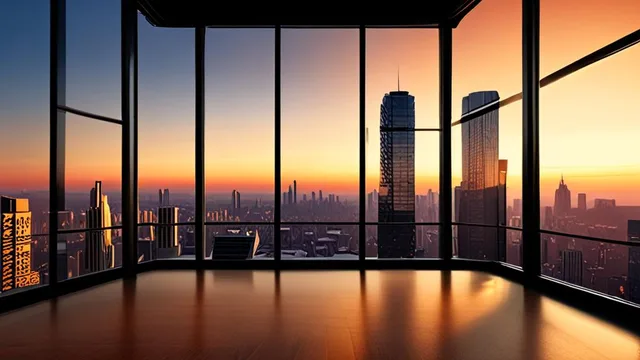 floor-to-ceiling office windows at golden hour, empty standing desk silhouetted against the city below, warm and cool light split, editorial architectural photography — rendered by SDXL Lightning (ByteDance)