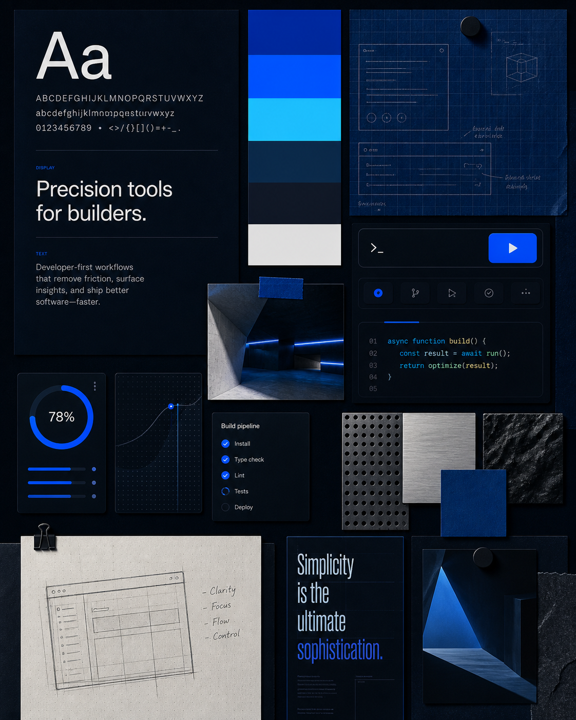 Brand-direction moodboard collage for a developer-tools startup showing typography, color palette, and UI component swatches