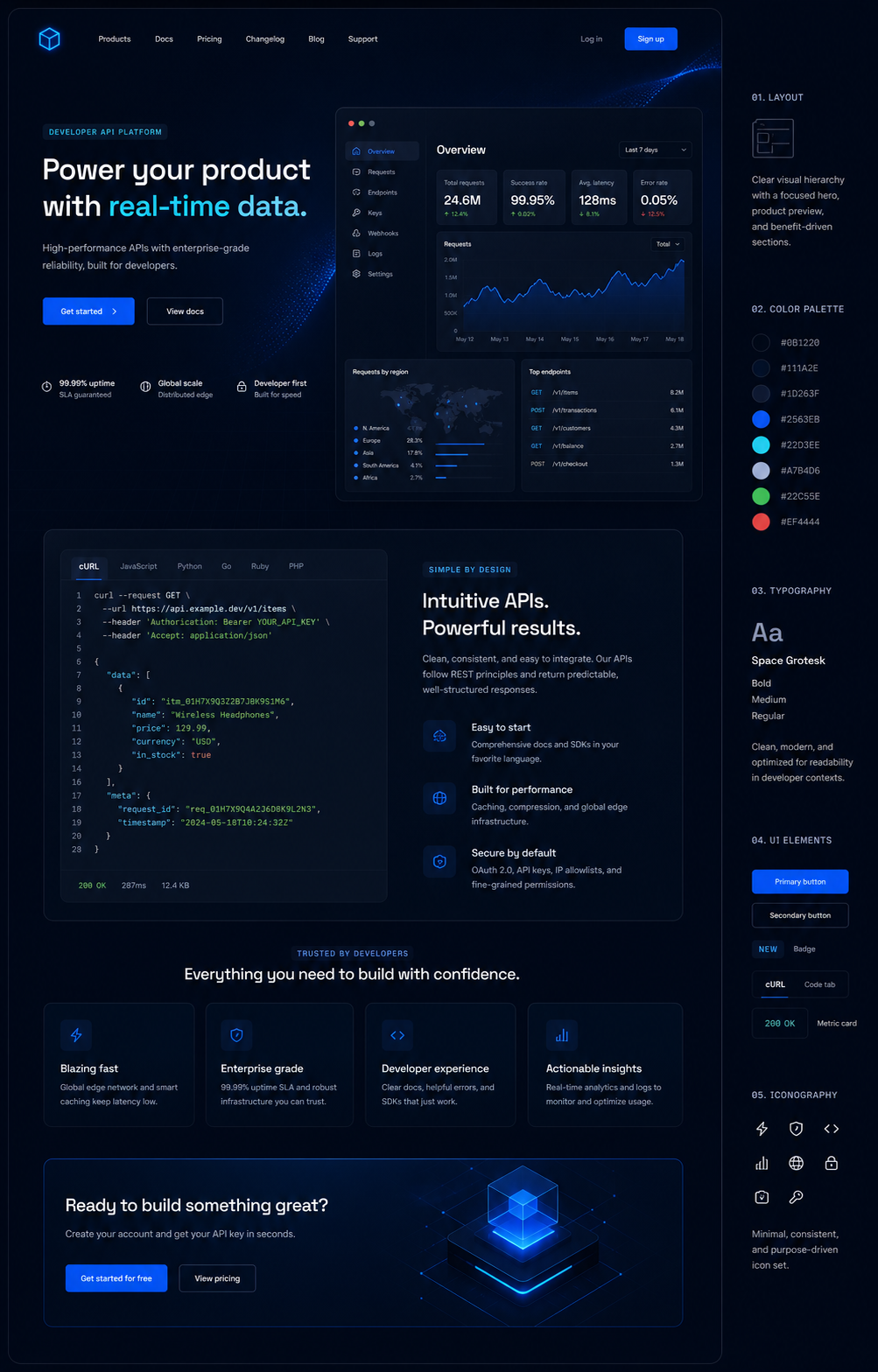 High-fidelity dark-themed landing page mockup for a developer API product, styled in the manner of Stripe or Vercel